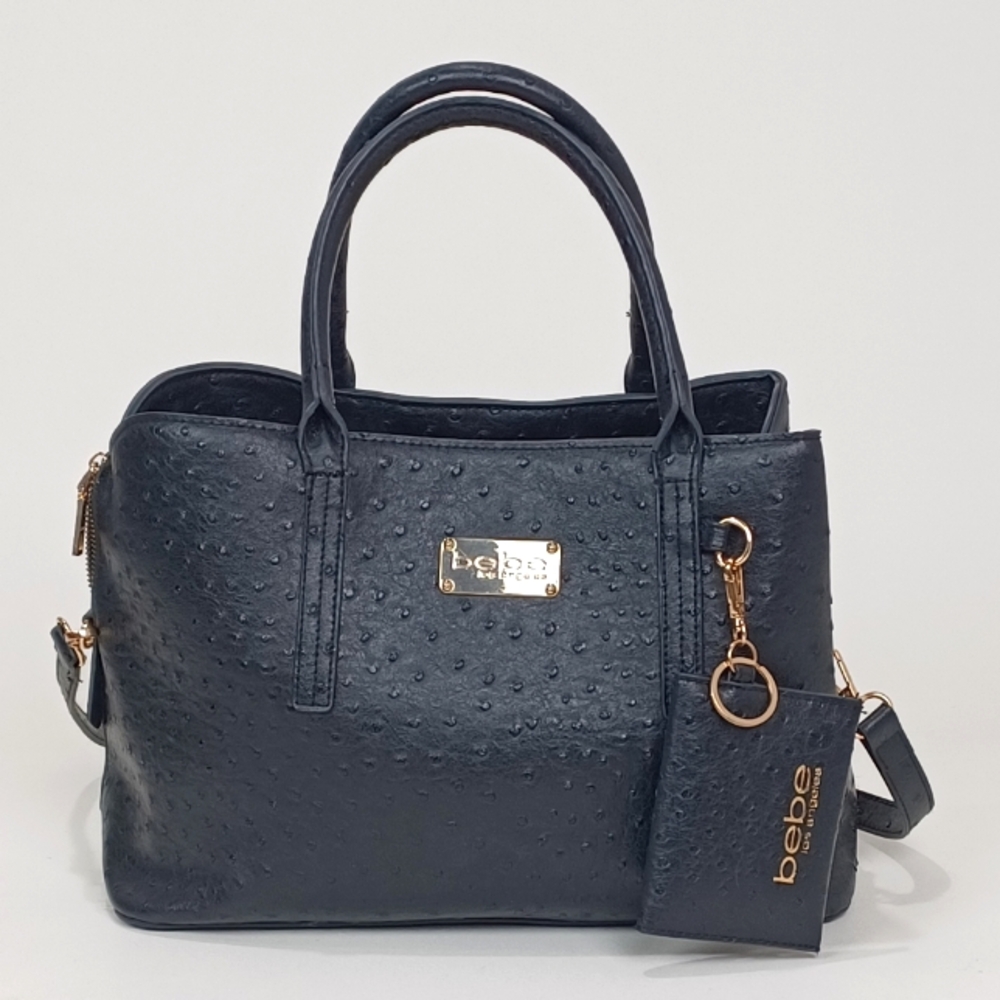 Bebe Black Leather Satchel with Gold Accents